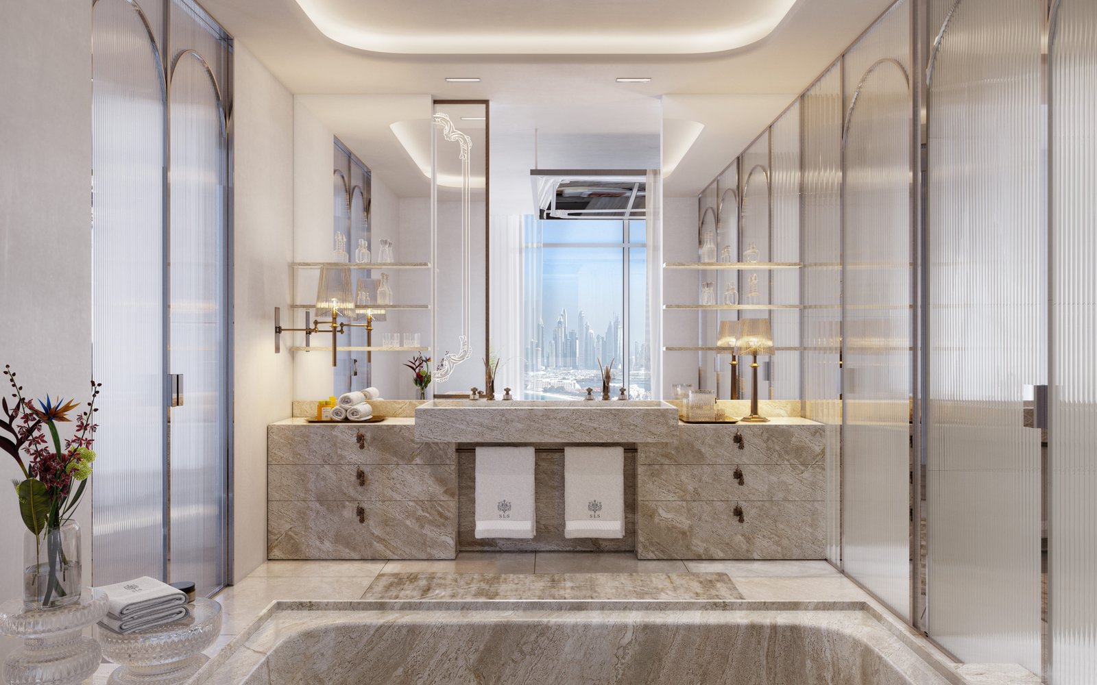Master bathroom in marble with skyline view
