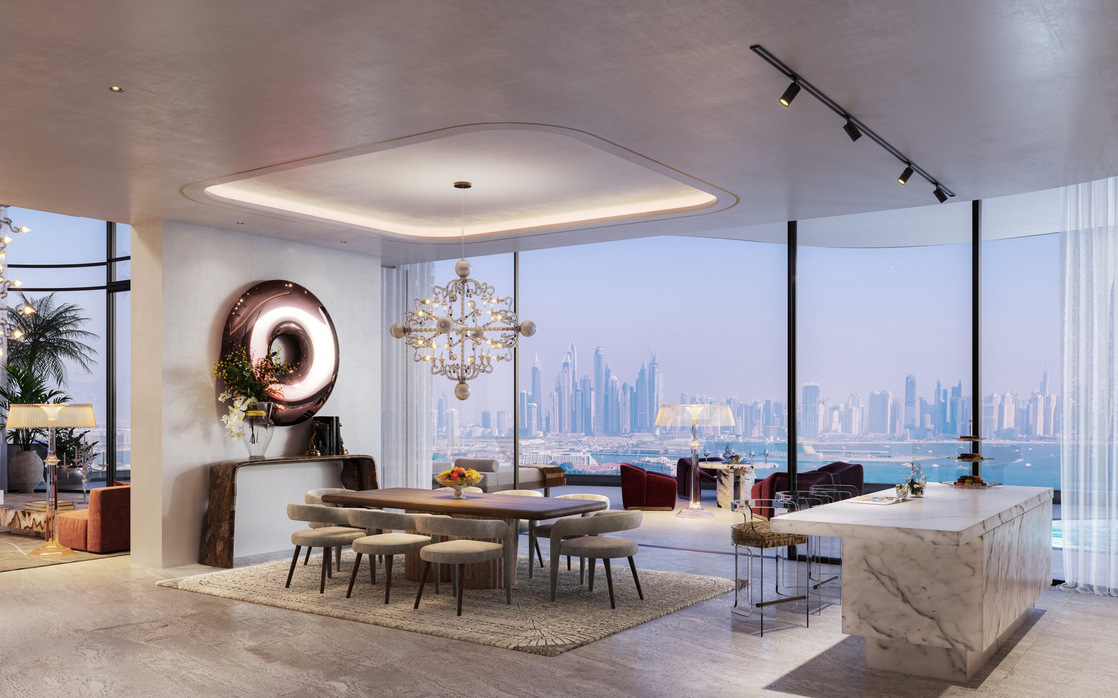 Living and dining with skyline views
