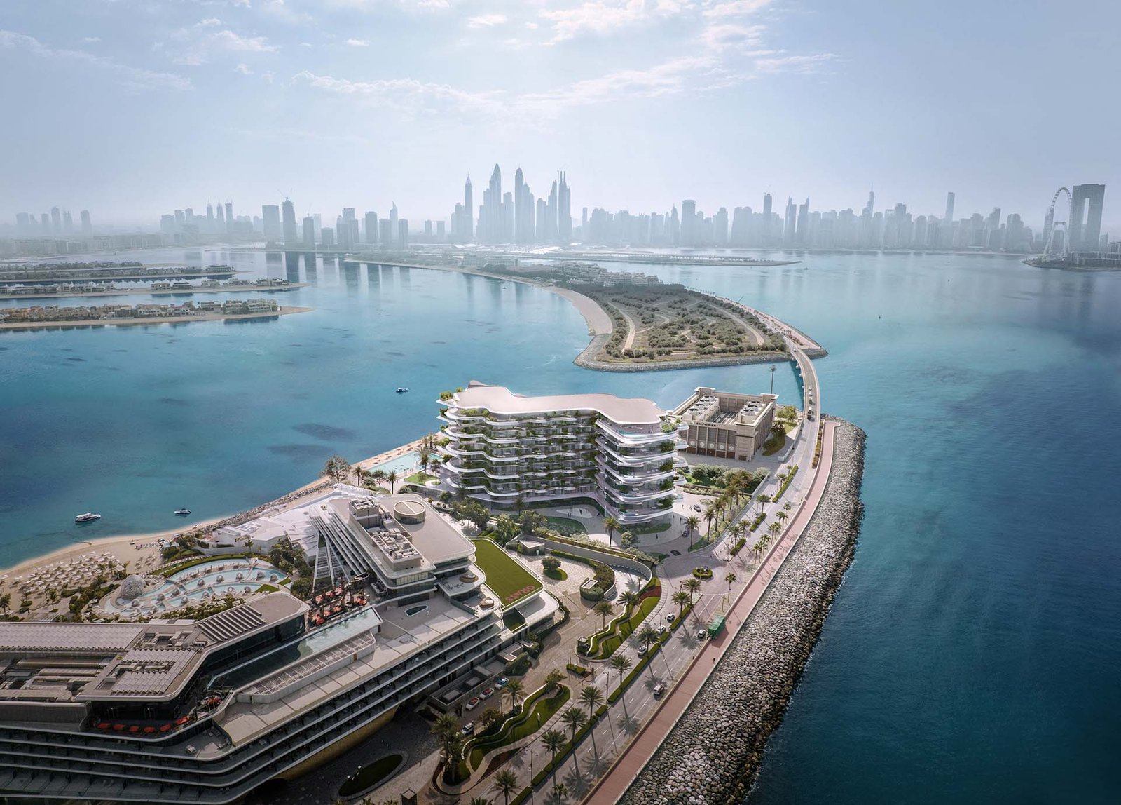 Aerial photograph of Palm Jumeirah with the SLS Residences location pinned on the Western Crescent