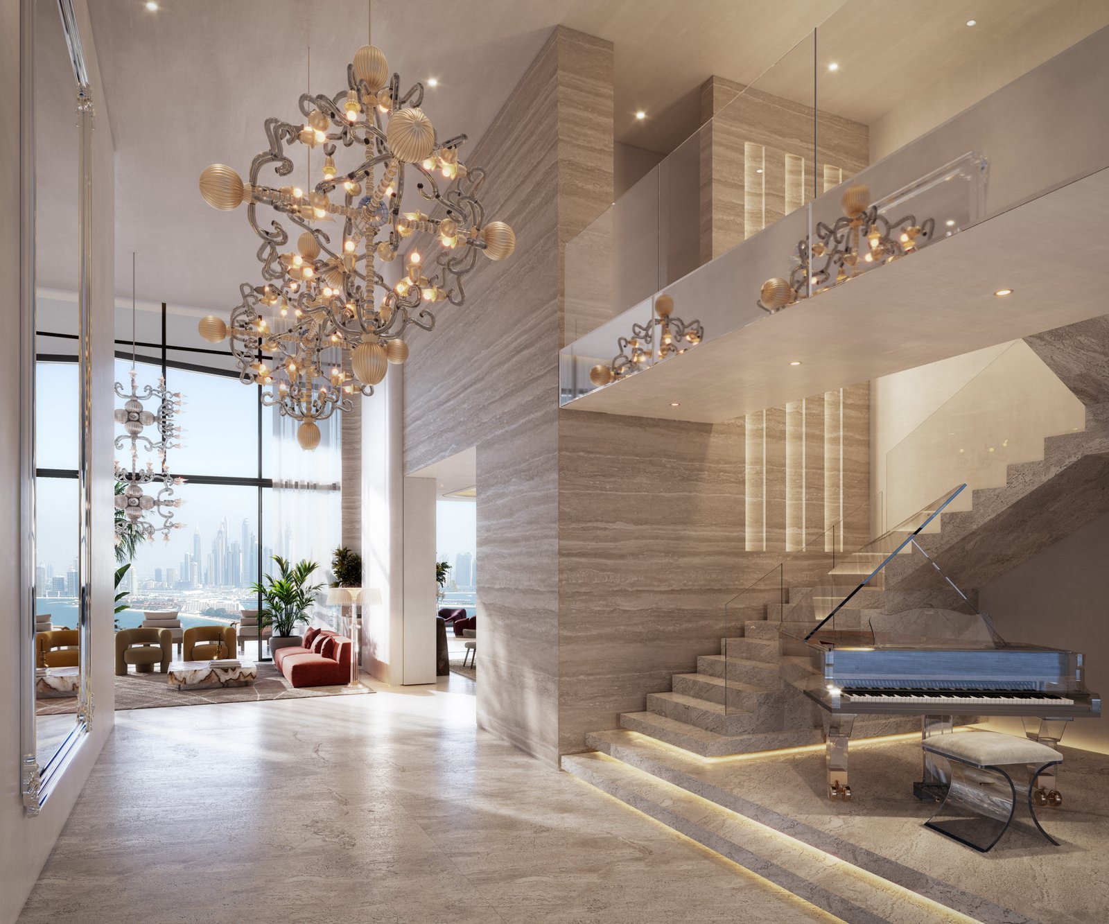 Double-height penthouse with grand piano and chandelier