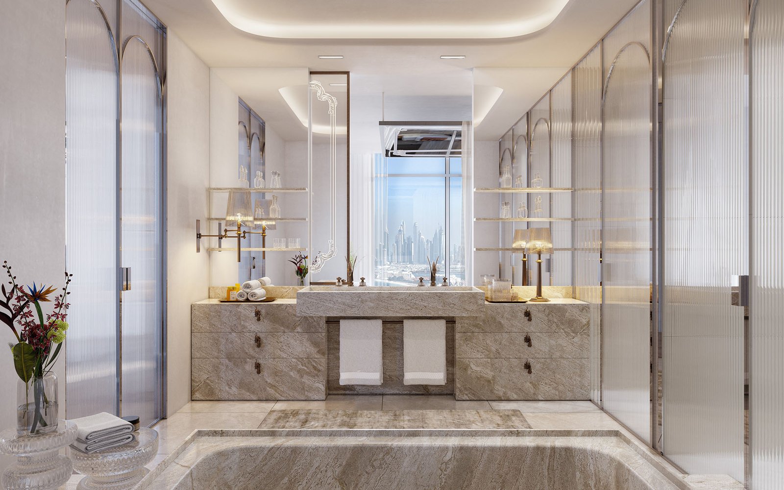 Master bathroom in marble with skyline view
