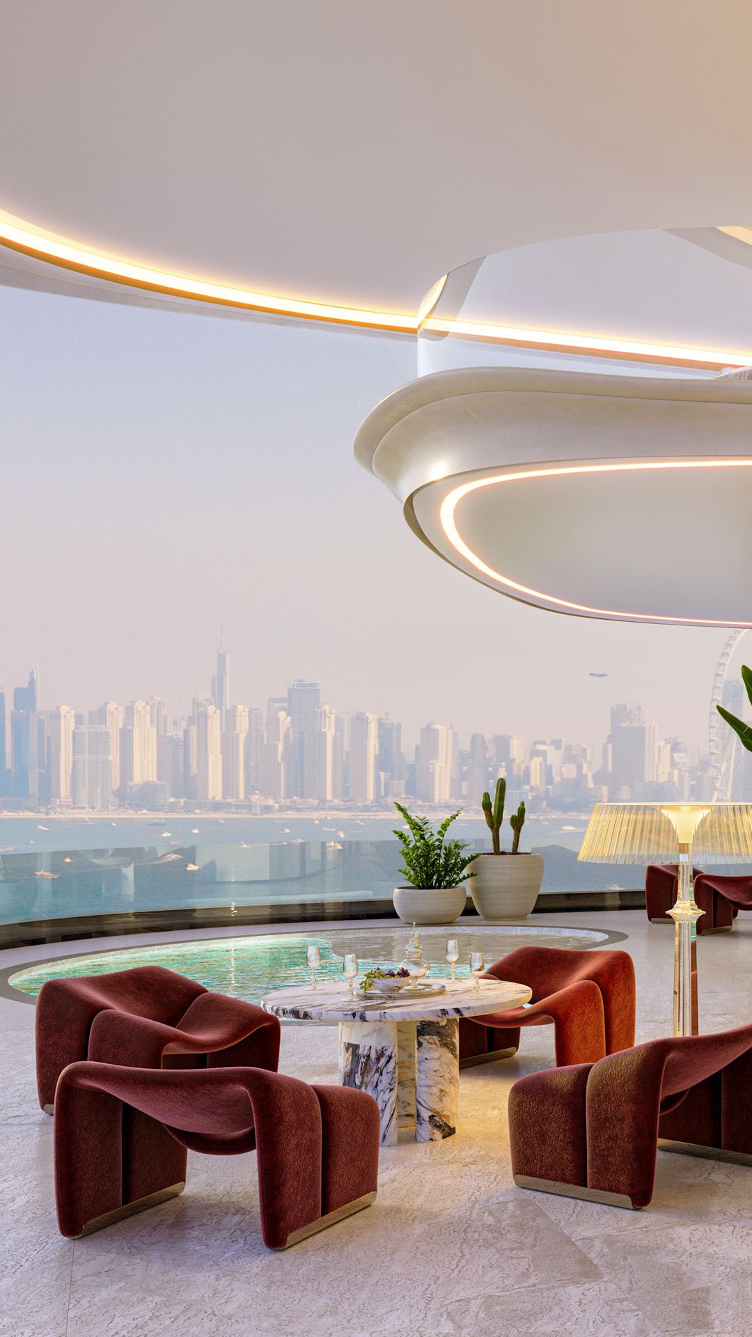 Living room with panoramic skyline view